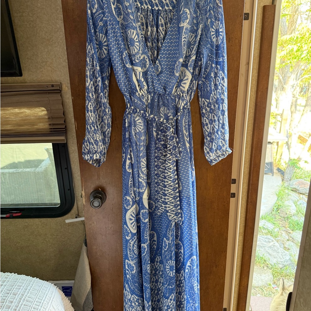 Blue and White Plunge Neck floor length Maxi Dress